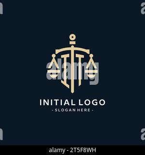 IT initial logo with scale of justice and shield icon, luxury and elegant law firm logo style Stock Vector