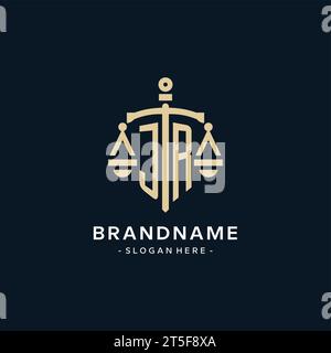 JR initial logo with scale of justice and shield icon, luxury and elegant law firm logo style Stock Vector