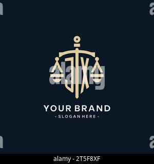 Initial JX logo with shield and scales of justice, luxury and modern ...
