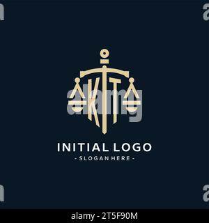 KT initial logo with scale of justice and shield icon, luxury and elegant law firm logo style Stock Vector
