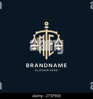 ME initial logo with scale of justice and shield icon, luxury and elegant law firm logo style Stock Vector