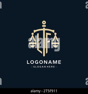 LF initial logo with scale of justice and shield icon, luxury and elegant law firm logo style Stock Vector