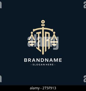 IR initial logo with scale of justice and shield icon, luxury and elegant law firm logo style Stock Vector
