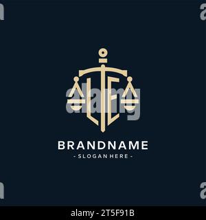 LE initial logo with scale of justice and shield icon, luxury and elegant law firm logo style Stock Vector