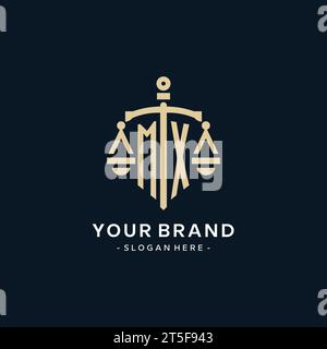 MX initial logo with scale of justice and shield icon, luxury and elegant law firm logo style Stock Vector