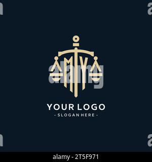 MY initial logo with scale of justice and shield icon, luxury and elegant law firm logo style Stock Vector