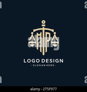 MP initial logo with scale of justice and shield icon, luxury and elegant law firm logo style Stock Vector