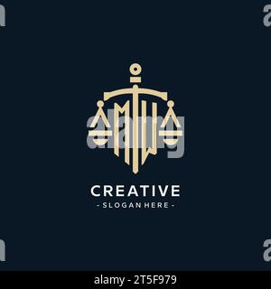 MW initial logo with scale of justice and shield icon, luxury and elegant law firm logo style Stock Vector