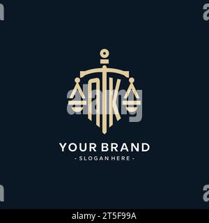 NK initial logo with scale of justice and shield icon, luxury and elegant law firm logo style Stock Vector