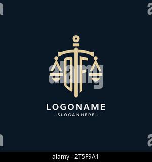 OF initial logo with scale of justice and shield icon, luxury and elegant law firm logo style Stock Vector