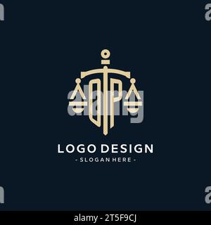 OP initial logo with scale of justice and shield icon, luxury and elegant law firm logo style Stock Vector