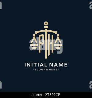 PH initial logo with scale of justice and shield icon, luxury and elegant law firm logo style Stock Vector
