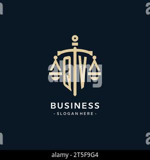QV initial logo with scale of justice and shield icon, luxury and elegant law firm logo style Stock Vector