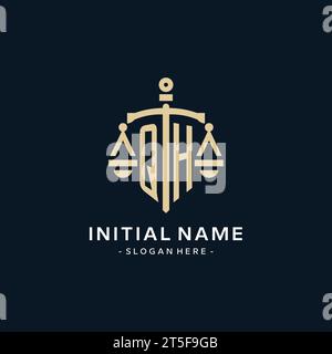 QH initial logo with scale of justice and shield icon, luxury and elegant law firm logo style Stock Vector