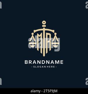 MR initial logo with scale of justice and shield icon, luxury and elegant law firm logo style Stock Vector