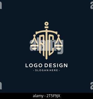 RC initial logo with scale of justice and shield icon, luxury and elegant law firm logo style Stock Vector