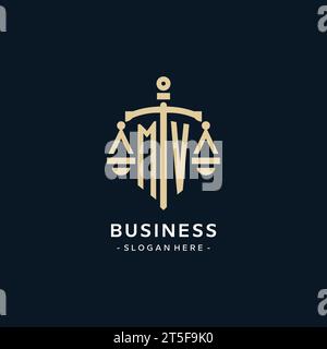 MV initial logo with scale of justice and shield icon, luxury and elegant law firm logo style Stock Vector