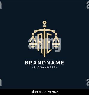 RE initial logo with scale of justice and shield icon, luxury and elegant law firm logo style Stock Vector