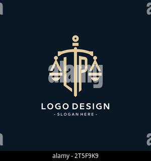 LP initial logo with scale of justice and shield icon, luxury and elegant law firm logo style Stock Vector