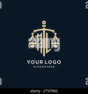 ML initial logo with scale of justice and shield icon, luxury and elegant law firm logo style Stock Vector