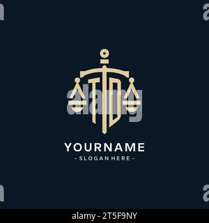 TD initial logo with scale of justice and shield icon, luxury and elegant law firm logo style Stock Vector