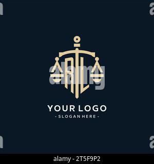 RL initial logo with scale of justice and shield icon, luxury and elegant law firm logo style Stock Vector