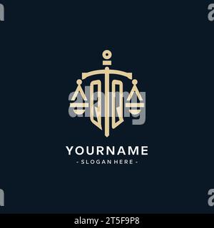 QQ initial logo with scale of justice and shield icon, luxury and elegant law firm logo style Stock Vector