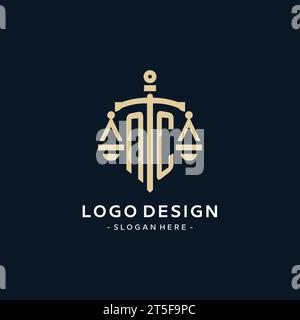 NC initial logo with scale of justice and shield icon, luxury and elegant law firm logo style Stock Vector