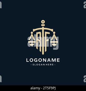 RF initial logo with scale of justice and shield icon, luxury and elegant law firm logo style Stock Vector