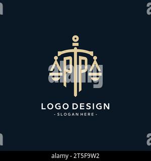 PP initial logo with scale of justice and shield icon, luxury and elegant law firm logo style Stock Vector