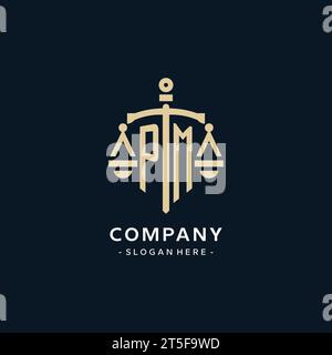 PM initial logo with scale of justice and shield icon, luxury and elegant law firm logo style Stock Vector