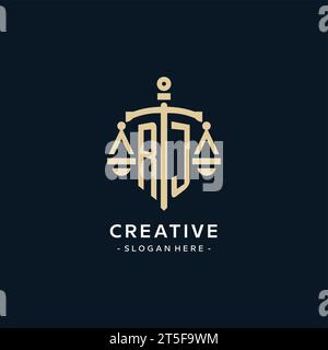 RJ initial logo with scale of justice and shield icon, luxury and elegant law firm logo style Stock Vector