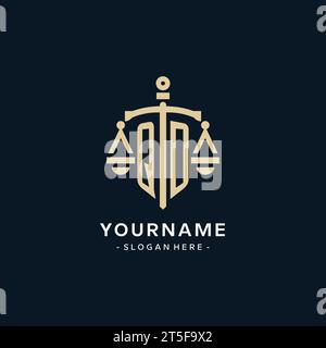 QD initial logo with scale of justice and shield icon, luxury and elegant law firm logo style Stock Vector