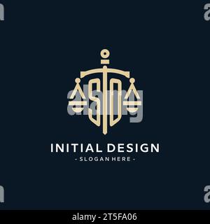 SO initial logo with scale of justice and shield icon, luxury and elegant law firm logo style Stock Vector