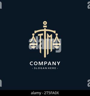 TM initial logo with scale of justice and shield icon, luxury and elegant law firm logo style Stock Vector