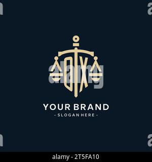 OX initial logo with scale of justice and shield icon, luxury and elegant law firm logo style Stock Vector