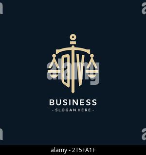 OV initial logo with scale of justice and shield icon, luxury and elegant law firm logo style Stock Vector