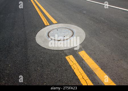 yellow double solid line on the road Stock Photo