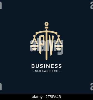 PV initial logo with scale of justice and shield icon, luxury and elegant law firm logo style Stock Vector