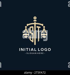 ST initial logo with scale of justice and shield icon, luxury and elegant law firm logo style Stock Vector