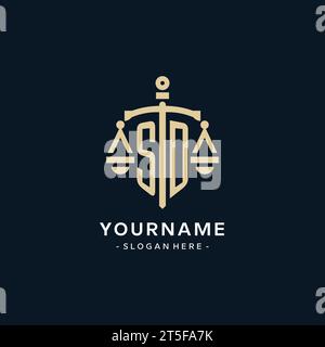 SD initial logo with scale of justice and shield icon, luxury and elegant law firm logo style Stock Vector