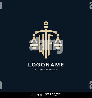 WF initial logo with scale of justice and shield icon, luxury and elegant law firm logo style Stock Vector