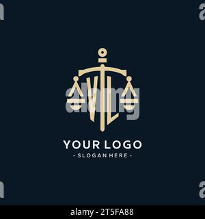 VL initial logo with scale of justice and shield icon, luxury and elegant law firm logo style Stock Vector