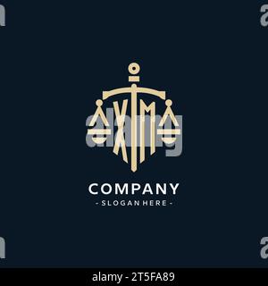 XM initial logo with scale of justice and shield icon, luxury and elegant law firm logo style Stock Vector