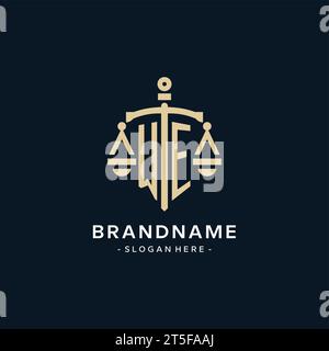 WE initial logo with scale of justice and shield icon, luxury and elegant law firm logo style Stock Vector