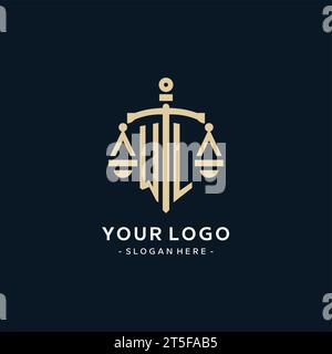 WL initial logo with scale of justice and shield icon, luxury and elegant law firm logo style Stock Vector
