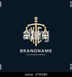 XE initial logo with scale of justice and shield icon, luxury and elegant law firm logo style Stock Vector