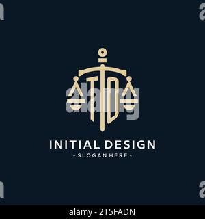TO initial logo with scale of justice and shield icon, luxury and elegant law firm logo style Stock Vector
