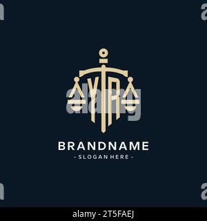 YR initial logo with scale of justice and shield icon, luxury and elegant law firm logo style Stock Vector