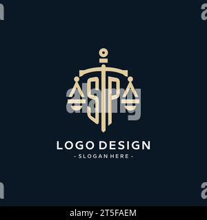 SP initial logo with scale of justice and shield icon, luxury and elegant law firm logo style Stock Vector